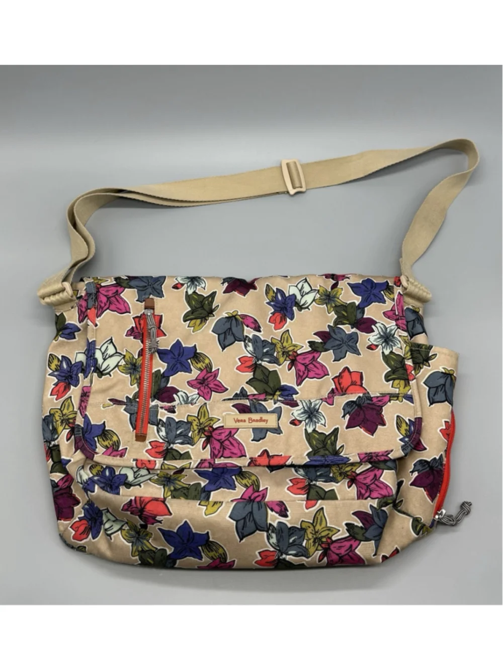 Vera Bradley Laptop Messenger Bag Falling Flowers Neutral Floral Crossbody Flap